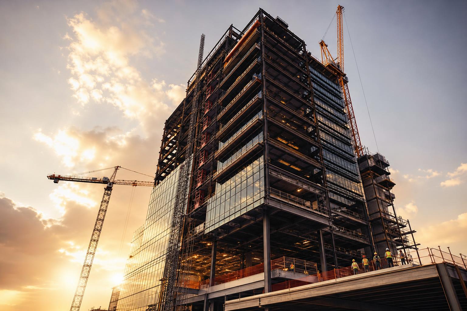 NOVAEDIS Prime crews raising a steel-and-glass tower at golden hour